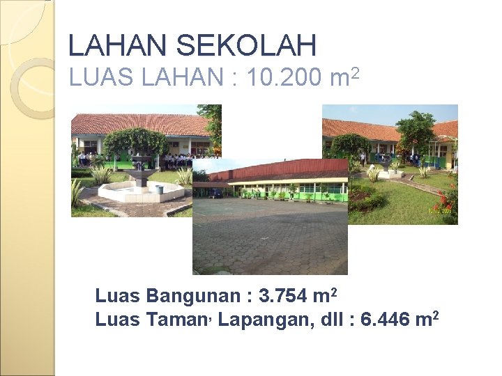 LAHAN SEKOLAH LUAS LAHAN : 10. 200 m 2 Luas Bangunan : 3. 754