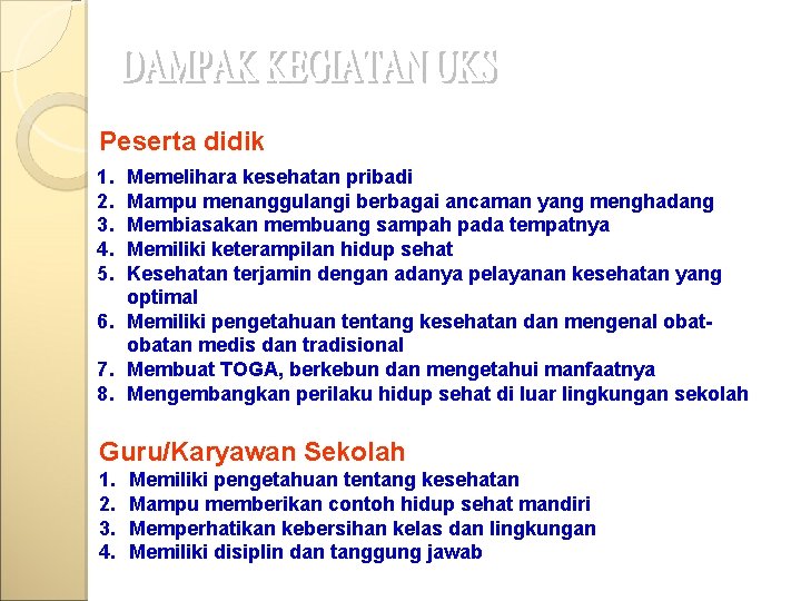 Peserta didik 1. 2. 3. 4. 5. Memelihara kesehatan pribadi Mampu menanggulangi berbagai ancaman