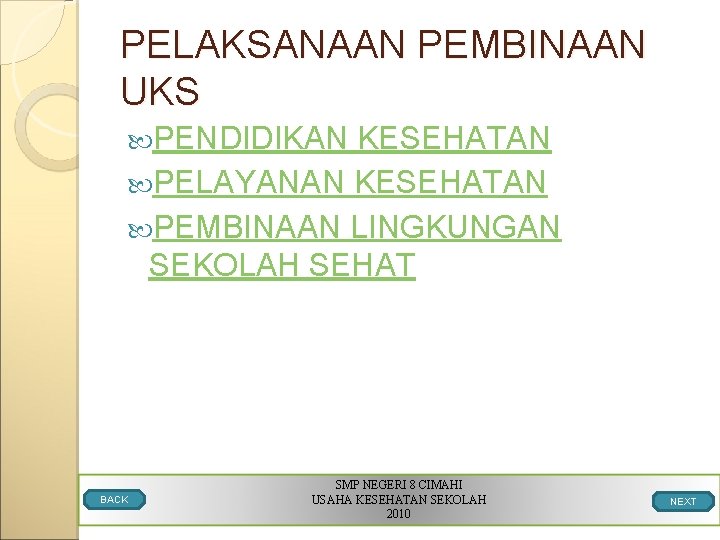 PELAKSANAAN PEMBINAAN UKS PENDIDIKAN KESEHATAN PELAYANAN KESEHATAN PEMBINAAN LINGKUNGAN SEKOLAH SEHAT BACK SMP NEGERI
