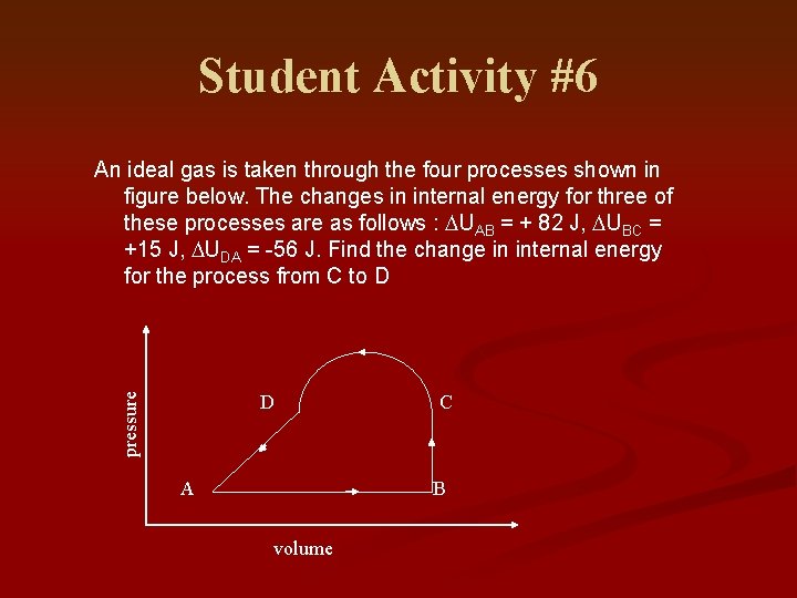 Student Activity #6 pressure An ideal gas is taken through the four processes shown