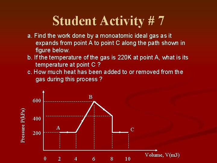 Student Activity # 7 a. Find the work done by a monoatomic ideal gas