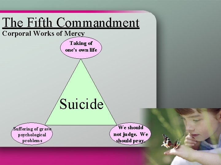 The Fifth Commandment Corporal Works of Mercy Taking of one’s own life Suicide Suffering