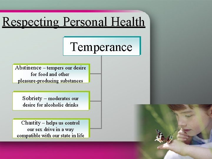 Respecting Personal Health Temperance Abstinence – tempers our desire for food and other pleasure-producing