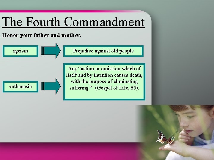 The Fourth Commandment Honor your father and mother. ageism Prejudice against old people euthanasia