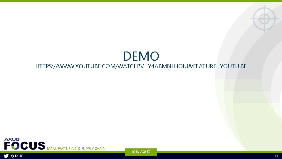 DEMO HTTPS: //WWW. YOUTUBE. COM/WATCH? V=Y 4 ABMNLHOIU&FEATURE=YOUTU. BE MANUFACTURING & SUPPLY CHAIN @AXUG DEMO HTTPS: //WWW. YOUTUBE. COM/WATCH? V=Y 4 ABMNLHOIU&FEATURE=YOUTU. BE MANUFACTURING & SUPPLY CHAIN @AXUG