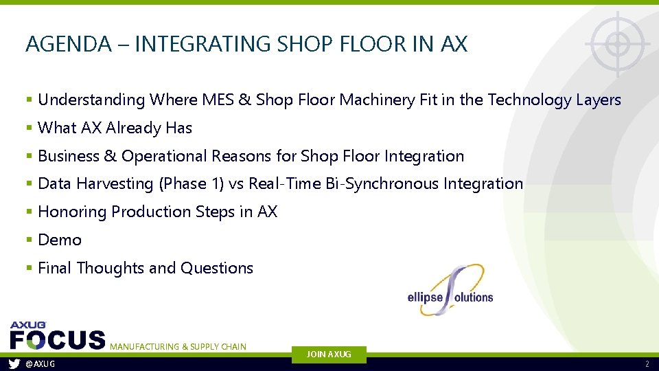 AGENDA – INTEGRATING SHOP FLOOR IN AX § Understanding Where MES & Shop Floor AGENDA – INTEGRATING SHOP FLOOR IN AX § Understanding Where MES & Shop Floor