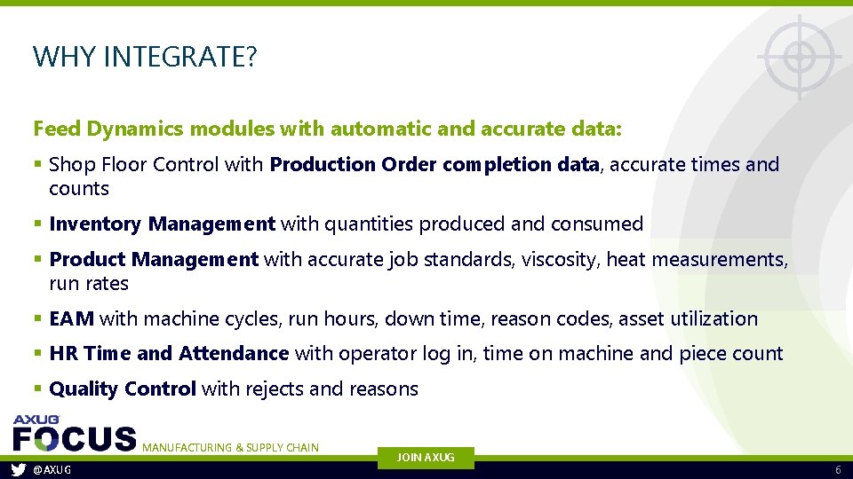 WHY INTEGRATE? Feed Dynamics modules with automatic and accurate data: § Shop Floor Control WHY INTEGRATE? Feed Dynamics modules with automatic and accurate data: § Shop Floor Control