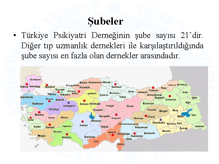 Şubeler • Türkiye Psikiyatri Derneğinin şube sayısı 21’dir. Diğer tıp uzmanlık dernekleri ile karşılaştırıldığında