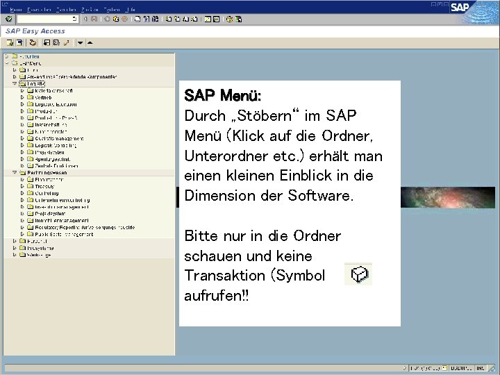 SAP Menü: Durch „Stöbern“ im SAP Menü (Klick auf die Ordner, Unterordner etc. )