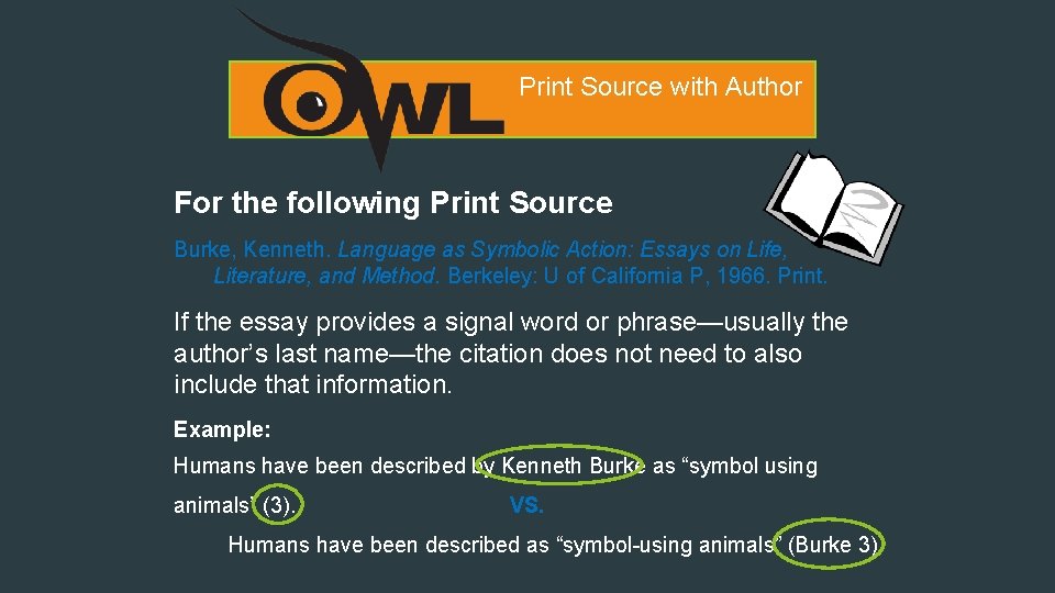 Print Source with Author For the following Print Source Burke, Kenneth. Language as Symbolic