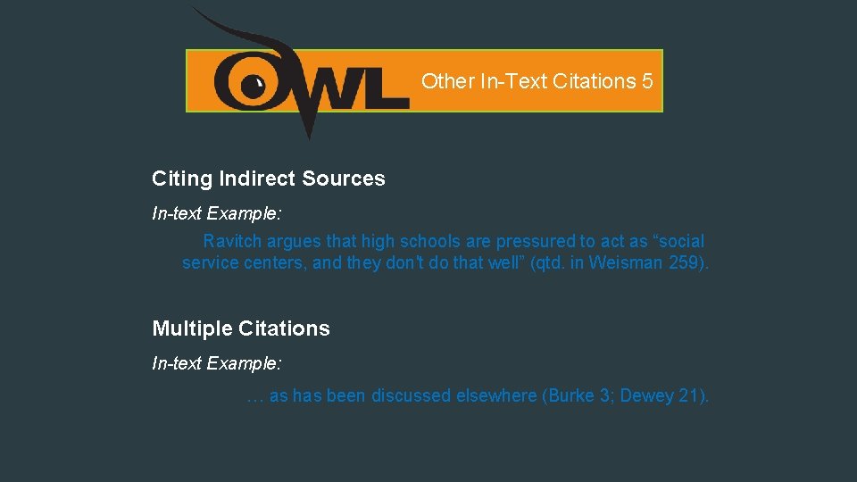 Other In-Text Citations 5 Citing Indirect Sources In-text Example: Ravitch argues that high schools