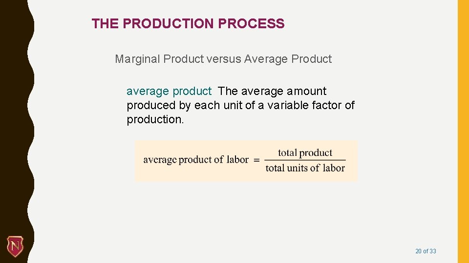 THE PRODUCTION PROCESS Marginal Product versus Average Product average product The average amount produced