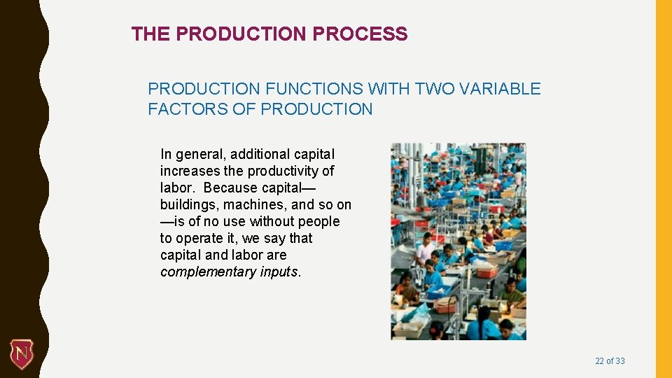 THE PRODUCTION PROCESS PRODUCTION FUNCTIONS WITH TWO VARIABLE FACTORS OF PRODUCTION In general, additional