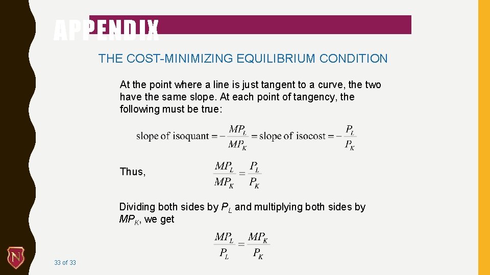 APPENDIX THE COST-MINIMIZING EQUILIBRIUM CONDITION At the point where a line is just tangent