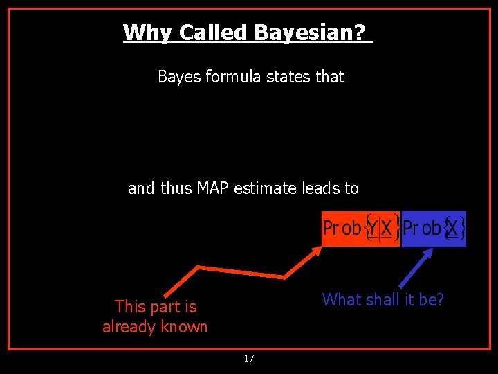 Why Called Bayesian? Bayes formula states that and thus MAP estimate leads to What