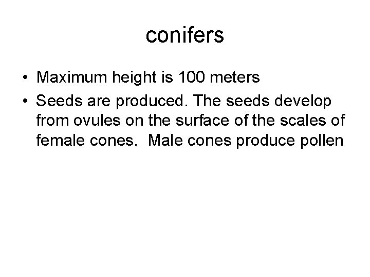 conifers • Maximum height is 100 meters • Seeds are produced. The seeds develop conifers • Maximum height is 100 meters • Seeds are produced. The seeds develop
