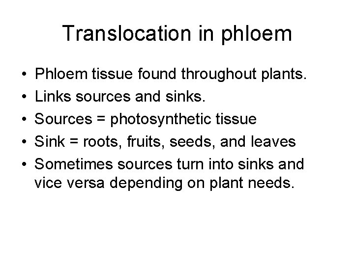Translocation in phloem • • • Phloem tissue found throughout plants. Links sources and Translocation in phloem • • • Phloem tissue found throughout plants. Links sources and
