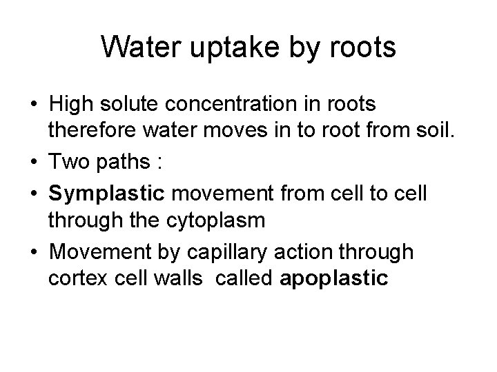 Water uptake by roots • High solute concentration in roots therefore water moves in Water uptake by roots • High solute concentration in roots therefore water moves in