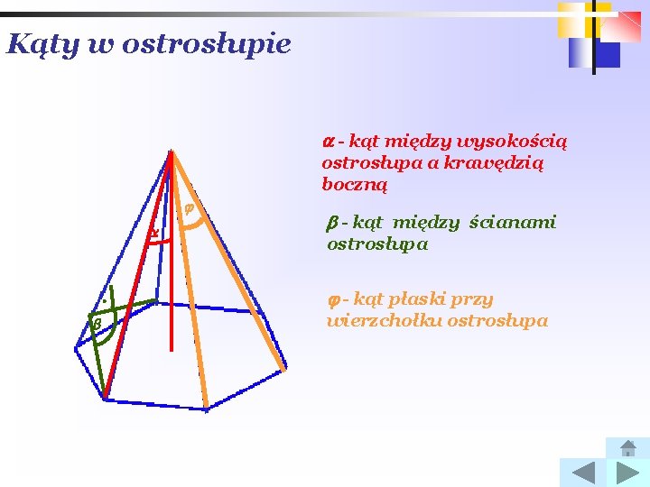 Kąty w ostrosłupie - kąt między wysokością ostrosłupa a krawędzią boczną - kąt między