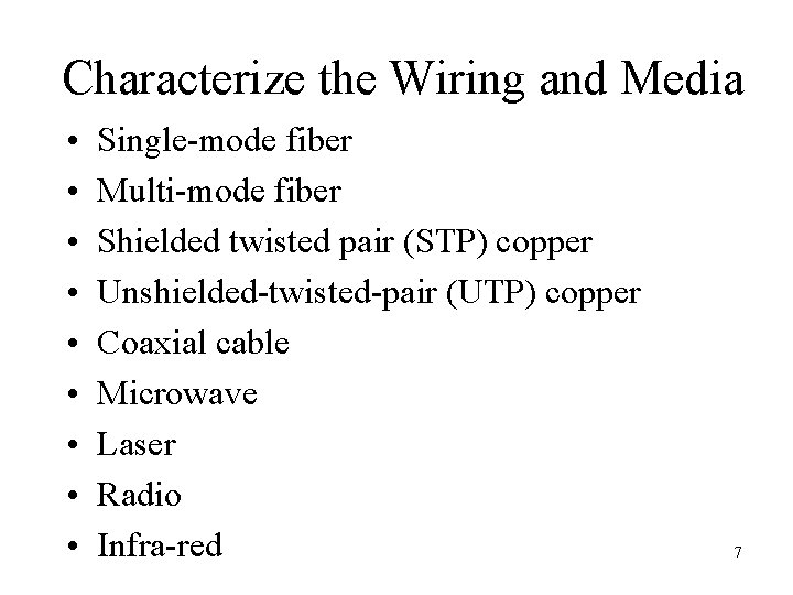 Characterize the Wiring and Media • • • Single-mode fiber Multi-mode fiber Shielded twisted