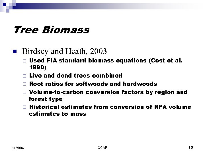 Tree Biomass n Birdsey and Heath, 2003 ¨ ¨ ¨ 1/29/04 Used FIA standard