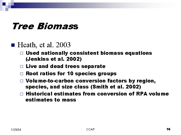 Tree Biomass n Heath, et al. 2003 ¨ ¨ ¨ 1/29/04 Used nationally consistent