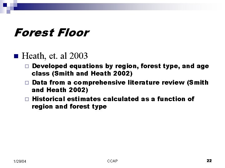 Forest Floor n Heath, et. al 2003 Developed equations by region, forest type, and