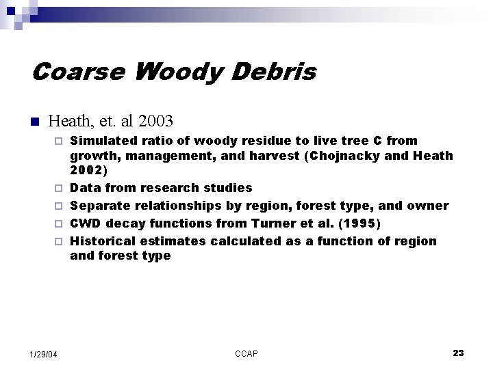 Coarse Woody Debris n Heath, et. al 2003 ¨ ¨ ¨ 1/29/04 Simulated ratio