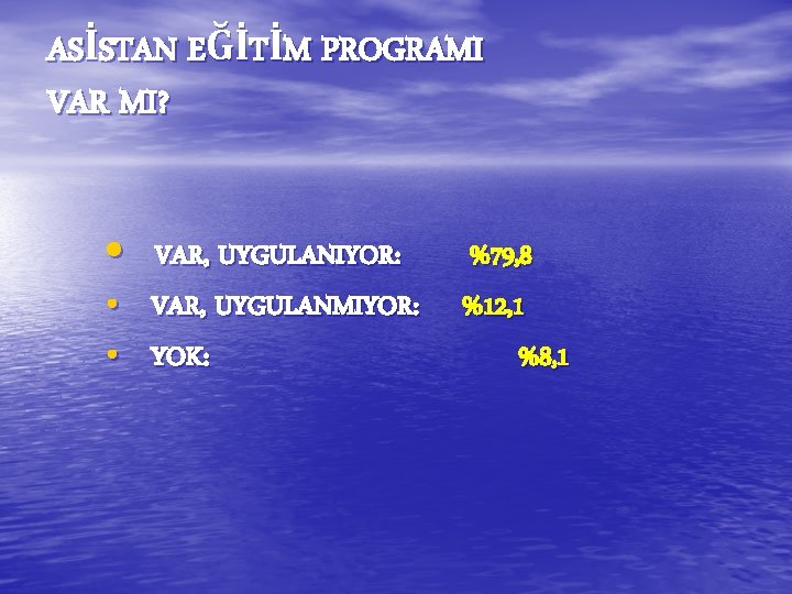 ASİSTAN EĞİTİM PROGRAMI VAR MI? • • • VAR, UYGULANIYOR: VAR, UYGULANMIYOR: YOK: %79, ASİSTAN EĞİTİM PROGRAMI VAR MI? • • • VAR, UYGULANIYOR: VAR, UYGULANMIYOR: YOK: %79,
