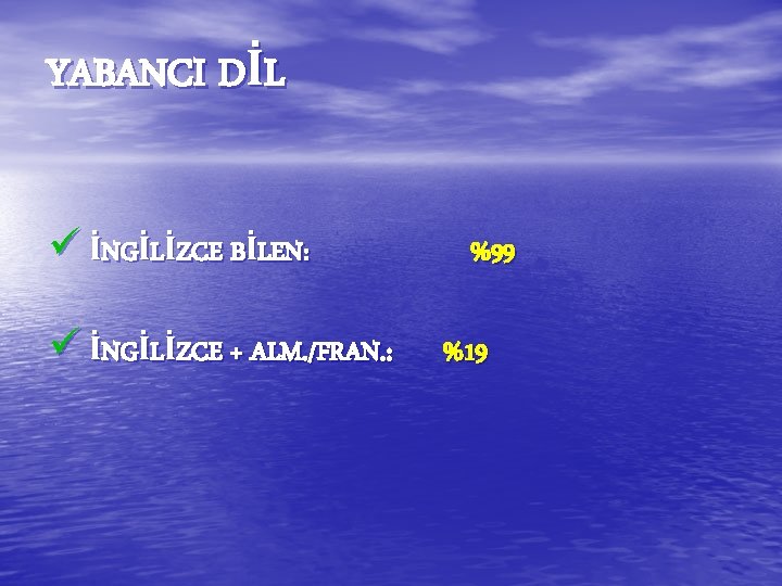 YABANCI DİL ü İNGİLİZCE BİLEN: ü İNGİLİZCE + ALM. /FRAN. : %99 %19 YABANCI DİL ü İNGİLİZCE BİLEN: ü İNGİLİZCE + ALM. /FRAN. : %99 %19
