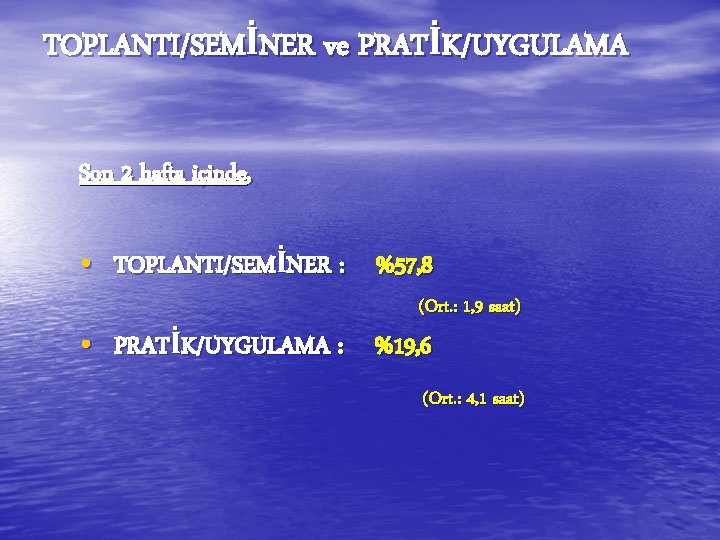 TOPLANTI/SEMİNER ve PRATİK/UYGULAMA Son 2 hafta içinde, • TOPLANTI/SEMİNER : %57, 8 (Ort. : TOPLANTI/SEMİNER ve PRATİK/UYGULAMA Son 2 hafta içinde, • TOPLANTI/SEMİNER : %57, 8 (Ort. :