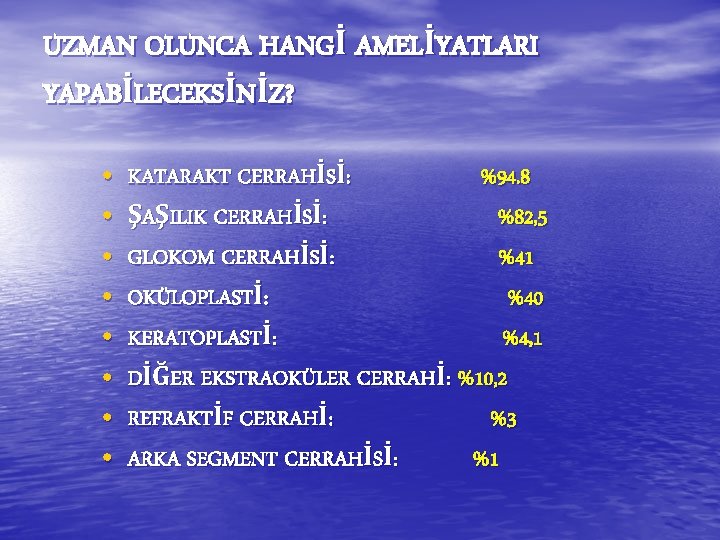 UZMAN OLUNCA HANGİ AMELİYATLARI YAPABİLECEKSİNİZ? • • KATARAKT CERRAHİSİ: %94. 8 ŞAŞILIK CERRAHİSİ: %82, UZMAN OLUNCA HANGİ AMELİYATLARI YAPABİLECEKSİNİZ? • • KATARAKT CERRAHİSİ: %94. 8 ŞAŞILIK CERRAHİSİ: %82,