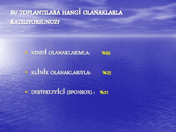 BU TOPLANTILARA HANGİ OLANAKLARLA KATILIYORSUNUZ? • KENDİ OLANAKLARIMLA: %65 • KLİNİK OLANAKLARIYLA: %25 • BU TOPLANTILARA HANGİ OLANAKLARLA KATILIYORSUNUZ? • KENDİ OLANAKLARIMLA: %65 • KLİNİK OLANAKLARIYLA: %25 •