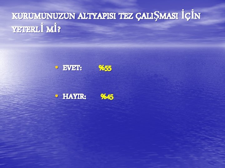 KURUMUNUZUN ALTYAPISI TEZ ÇALIŞMASI İÇİN YETERLİ Mİ? • EVET: %55 • HAYIR: %45 KURUMUNUZUN ALTYAPISI TEZ ÇALIŞMASI İÇİN YETERLİ Mİ? • EVET: %55 • HAYIR: %45