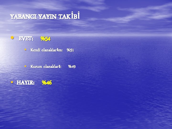 YABANCI YAYIN TAKİBİ • EVET: %54 • Kendi olanaklarım: %51 • Kurum olanakları: %49 YABANCI YAYIN TAKİBİ • EVET: %54 • Kendi olanaklarım: %51 • Kurum olanakları: %49