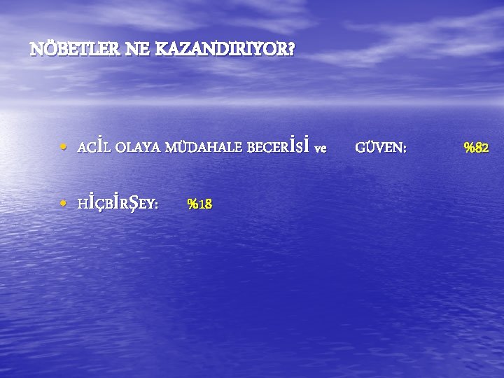 NÖBETLER NE KAZANDIRIYOR? • ACİL OLAYA MÜDAHALE BECERİSİ ve • HİÇBİRŞEY: %18 GÜVEN: %82 NÖBETLER NE KAZANDIRIYOR? • ACİL OLAYA MÜDAHALE BECERİSİ ve • HİÇBİRŞEY: %18 GÜVEN: %82