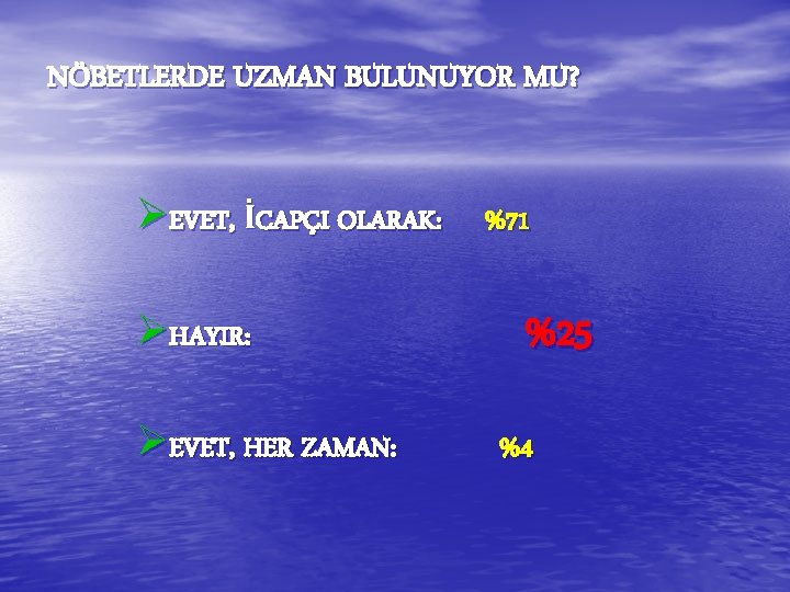 NÖBETLERDE UZMAN BULUNUYOR MU? ØEVET, İCAPÇI OLARAK: %71 ØHAYIR: ØEVET, HER ZAMAN: %25 %4 NÖBETLERDE UZMAN BULUNUYOR MU? ØEVET, İCAPÇI OLARAK: %71 ØHAYIR: ØEVET, HER ZAMAN: %25 %4