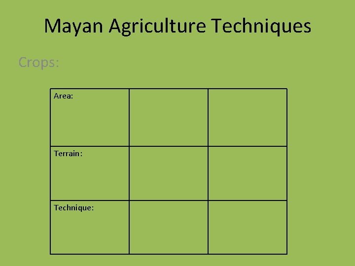 Mayan Agriculture Techniques Crops: Area: Terrain: Technique: 