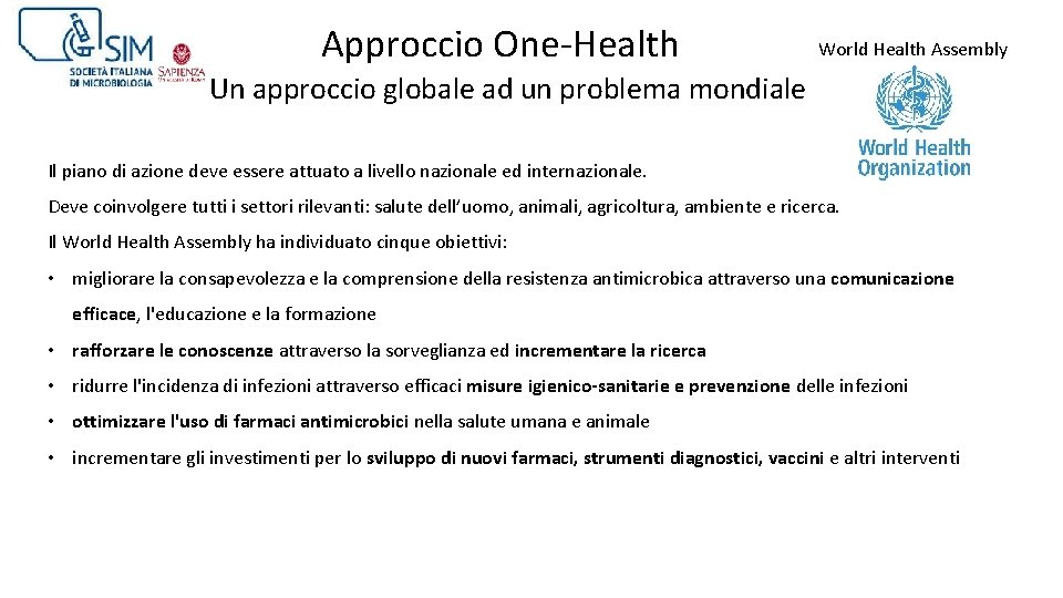 Approccio One-Health World Health Assembly Un approccio globale ad un problema mondiale Il piano