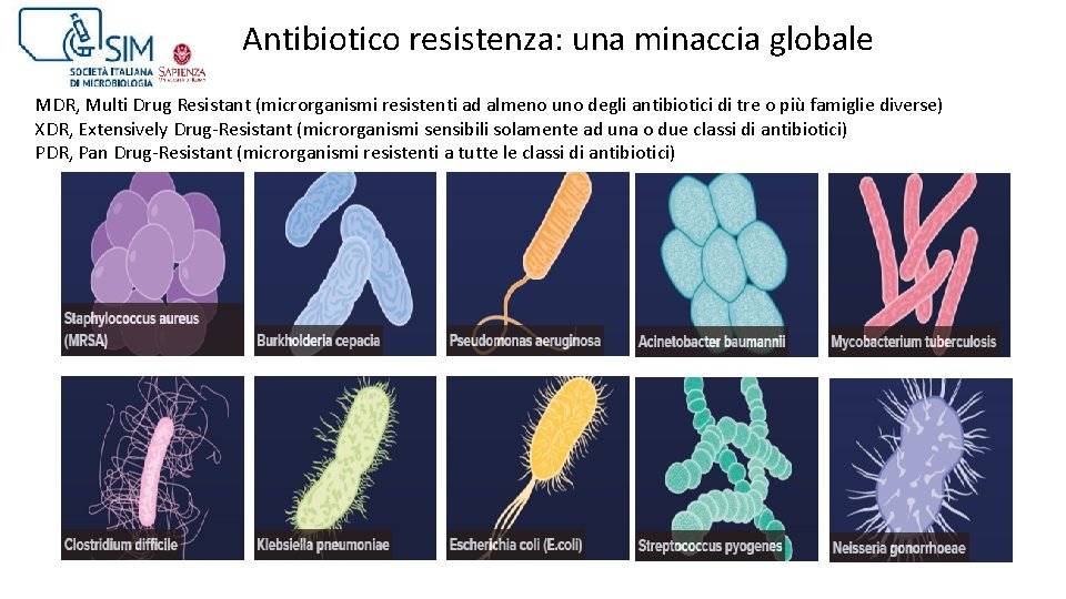 Antibiotico resistenza: una minaccia globale MDR, Multi Drug Resistant (microrganismi resistenti ad almeno uno