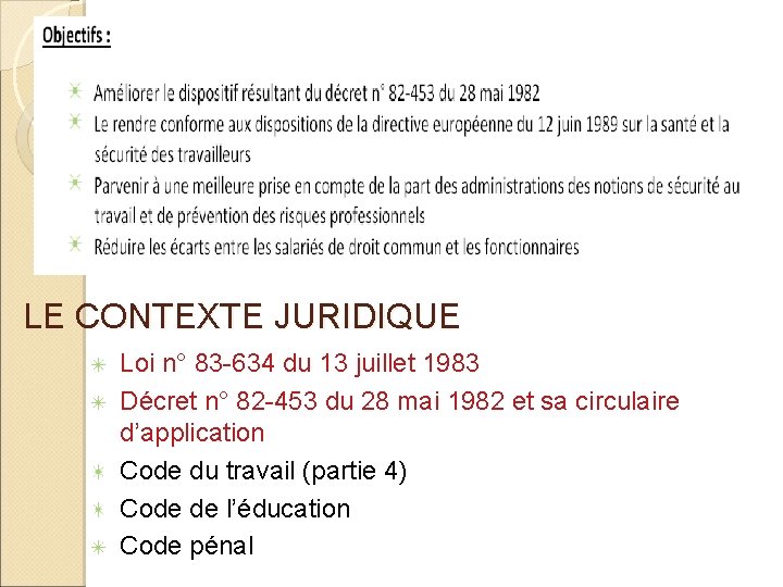 LE CONTEXTE JURIDIQUE Loi n° 83 -634 du 13 juillet 1983 Décret n° 82