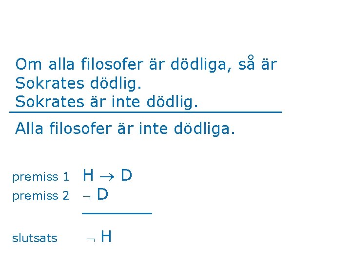 Om alla filosofer är dödliga, så är Sokrates dödlig. Sokrates är inte dödlig. Alla