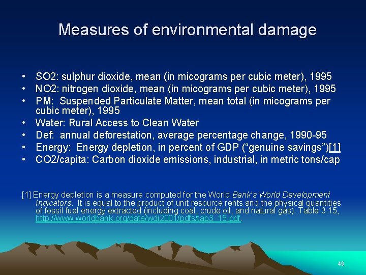 Measures of environmental damage • SO 2: sulphur dioxide, mean (in micograms per cubic