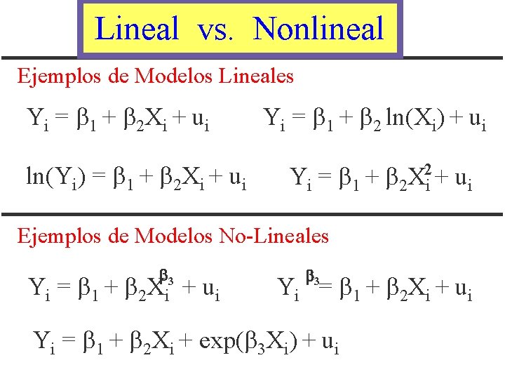 Lineal vs. Nonlineal Ejemplos de Modelos Lineales Yi = 1 + 2 Xi +