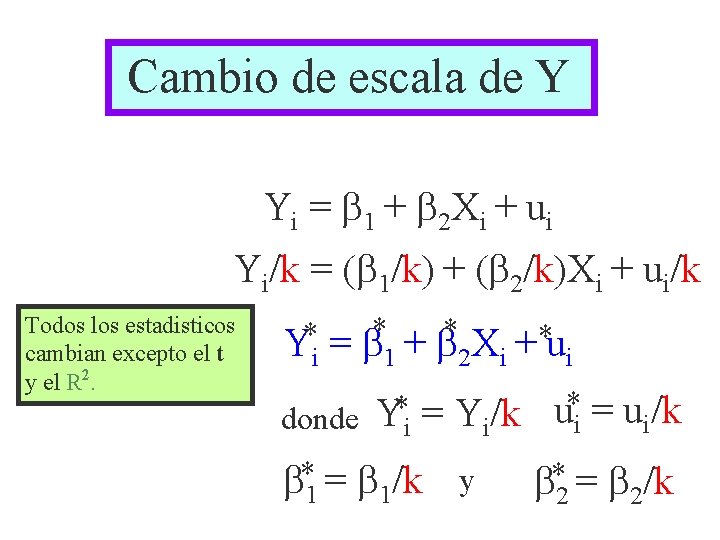 Cambio de escala de Y Yi = 1 + 2 Xi + ui Yi/k