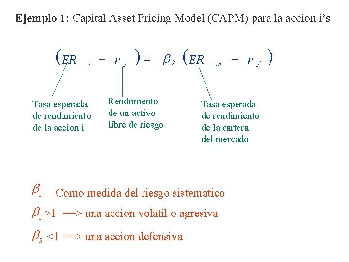 Ejemplo 1: Capital Asset Pricing Model (CAPM) para la accion i’s ( ER i