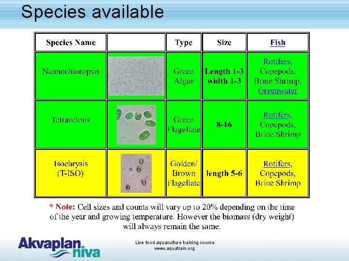 Species available Live food aquaculture training course www. aquatrain. org 