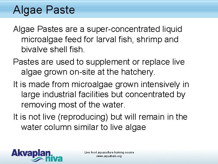 Algae Pastes are a super-concentrated liquid microalgae feed for larval fish, shrimp and bivalve