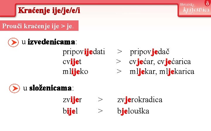 Kraćenje ije/je/e/i Prouči kraćenje ije > je. u izvedenicama: pripovijedati cvijet mlijeko > pripovjedač