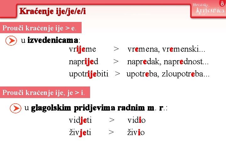 Kraćenje ije/je/e/i Prouči kraćenje ije > e. u izvedenicama: vrijeme > vremena, vremenski. .